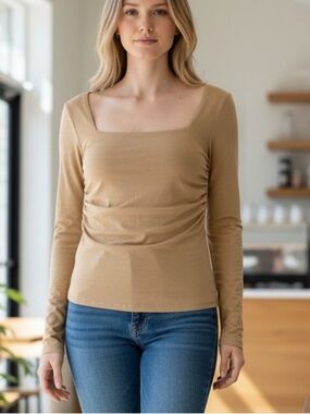 Nation LTD Square Neck Long Sleeve Top in Tan